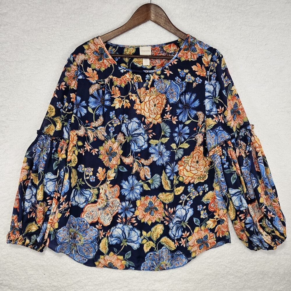 Chico's Blue Floral Print Ruffle Cutout Long Sleeve Top Women's LG Peasant Boho